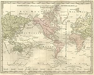 Bild des Verkufers fr Stahlstich- Karte, v. Poppey b. J. Perthes, "Erdkarte in Mercators Projection. Zugleich als Karte v. Australien und Polynesien". zum Verkauf von Antiquariat Clemens Paulusch GmbH