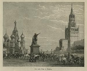 Bild des Verkufers fr Teilansicht, "Der rote Platz in Moskau", links die Basilius Kathedrale, mittig das Denkmal fr Minin und Poscharski und rechts der Erlser Turm des Kreml. zum Verkauf von Antiquariat Clemens Paulusch GmbH