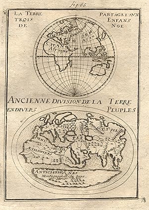 Bild des Verkufers fr 2 Kupferstich- Karten auf einem Bl. "La Terre Partagee aux trois Enfans de Noe" und "Ancienne division de la terre en divers Peuples" aus Mallet. zum Verkauf von Antiquariat Clemens Paulusch GmbH