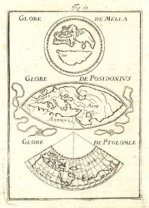 Bild des Verkufers fr 3 Kupferstich- Karten auf einem Bl. "Globe de Mella", "Globe de Posidonius" und "Globe de Ptolomee" aus Mallet. zum Verkauf von Antiquariat Clemens Paulusch GmbH