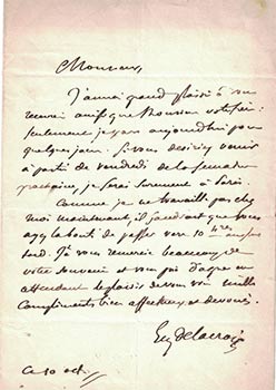 Signed Letter by Eugène Delacroix to the artist Jules Laure.
