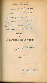 Imagen del vendedor de Le langage de la tribu. Signed, presentation copy to Marie Laurencin . a la venta por Wittenborn Art Books