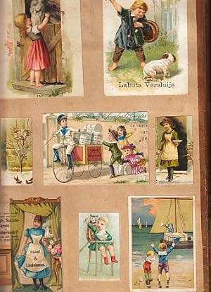 Groot plakboek uit ca. 1900 met ca. 200 ingeplakte reclameplaatjes e.d.
