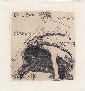 Image du vendeur pour Ex Libris Arthur Haferkorn. Weiblicher Akt, auf Steinbock sitzend. mis en vente par Antiquariat  Braun