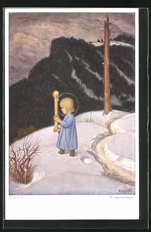 Bild des Verkufers fr Knstler-Ansichtskarte Matthus Schiestl: Wintermrchen, Christkind mit Kerze in kalter Winternacht zum Verkauf von Bartko-Reher