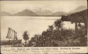 Bild des Verkufers fr Ansichtskarte / Postkarte Lake Wakatipu South Island Neuseeland, Pigeon Island, Showing Mt. Earnslaw zum Verkauf von akpool GmbH