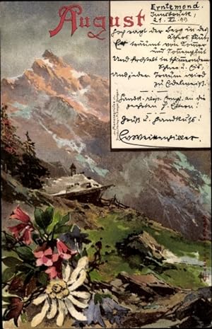 Künstler Litho Guggenberger, Monat August, Gebirgslandschaft, Bergblüten