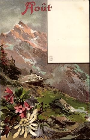 Künstler Litho Guggenberger, Monat August, Gebirgslandschaft, Bergblüten