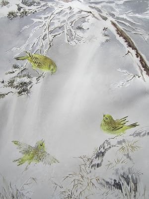 Snow covered pine branches with 3 birds