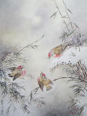 Snow covered bamboo branches with 3 birds