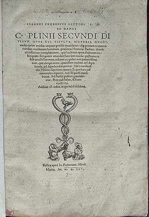 Bild des Verkufers fr En damus C. Plinii Secundi divinum opus cui titulus, Historia mundi. zum Verkauf von Rodger Friedman Rare Book Studio, ABAA
