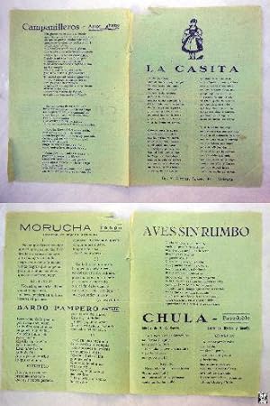 Antigua hoja cancionero - Old songbook sheet : LA CASITA; MORUCHA; BARDO PAMPERO; AVES SIN RUMBO;...