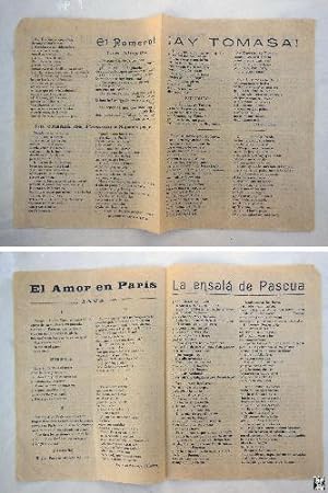 Antigua hoja cancionero - Old songbook sheet : AY TOMASA!; EL AMOR EN PARÍS; LA ENSALÁ DE PASCUA;...