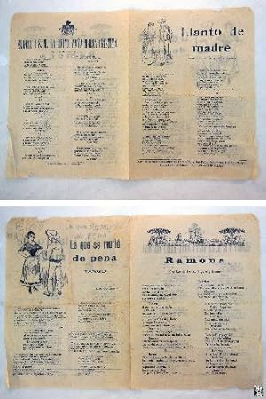 Antigua hoja cancionero - Old songbook sheet : LLANTO DE MADRE; LA QUE SE MURIÓ DE PENA; RAMONA; ...