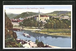 Ansichtskarte Tetschen-Bodenbach / Decin, Schloss mit Dampfer und Elbe