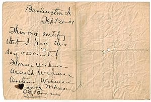 Handwritten Vaccination Certificate, Burlington, Iowa, 1901