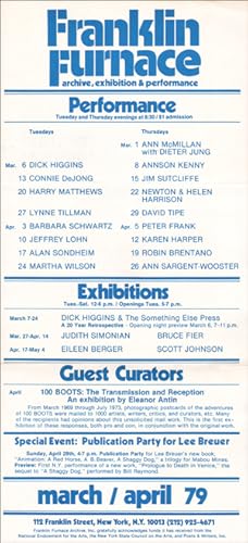 Immagine del venditore per Franklin Furnace : Archive, Exhibition & Performance, March / April 79 venduto da Specific Object / David Platzker