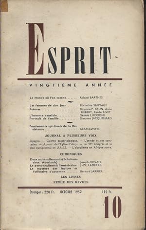 Revue Esprit. 1952, numéro 10. Roland Barthes, Micheline Sauvage, Gennie Luccioni, Simonne Jacque...