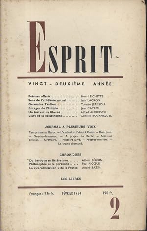 Revue Esprit. 1954, numéro 2. Henri Pichette, Jean Lacroix, Colette Jeanson, Jean Cayrol, Alfred ...