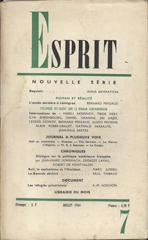 Revue Esprit. 1964, numéro 7. Roman et réalité. Contient des articles sur le colloque Est-Ouest s...