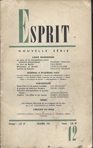 Revue Esprit. 1962, numéro 12. Louis Massignon, Francois Perroux, Paul Dehem, Louis Althusser, Mo...