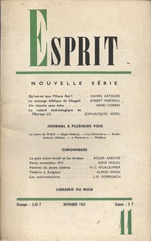 Revue Esprit. 1967, numéro 11. Daniel Artigues, Robert Marteau, Henri Corbin, Jean-Jacques Sorel....