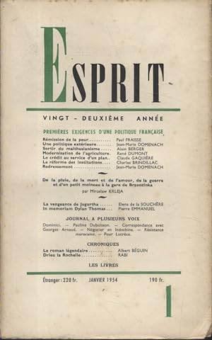 Revue Esprit. 1954, numéro 1. Premières exigences d'une politique française (7 articles, dont 2 d...