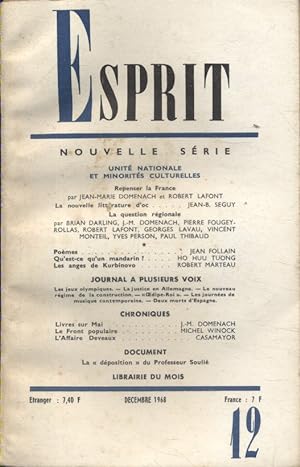 Revue Esprit. 1968, numéro 12. Unité nationale et minorités culturelles. Décembre 1968.
