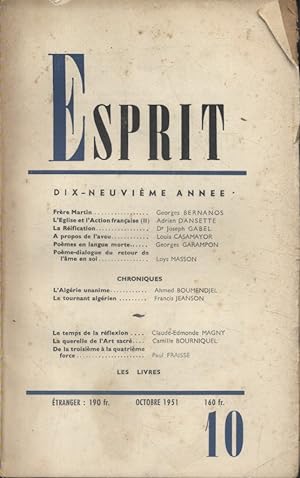 Revue Esprit. 1951, numéro 10. Bernanos, Adrien Dansette, Dr Joseph Gabel, Casamayor, Loys Masson...