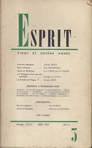 Revue Esprit. 1953, numéro 3. Péguy, Nina Gourfinkel, K.S. Karol, François Fejtö. Mars 1953.