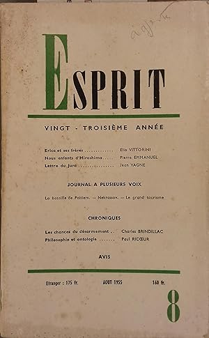 Revue Esprit. 1955, numéro 8. Elio Vittorini, Pierre Emanuel, Jean Vagne, Paul Ricoeur. Août 1955.