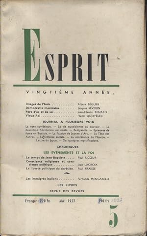 Revue Esprit. 1952, numéro 5. Albert Béguin, Jacques Séverin, Jean-Claude Renard, Henri Queffélec...