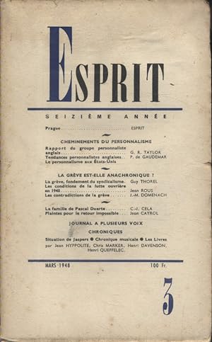 Revue Esprit. 1948, numéro 3. Cheminements du personnalisme. - La grève est-elle anachronique?. M...