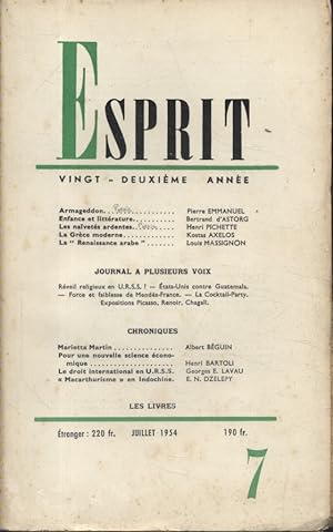 Revue Esprit. 1954, numéro 7. Articles de Pierre Emmanuel, Bertrand d'Astorg, Henri Pichette, Kos...
