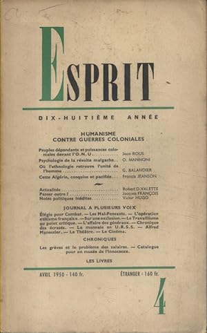Revue Esprit. 1950, numéro 4. Humanisme et guerres coloniales (4 articles). Avril 1950.
