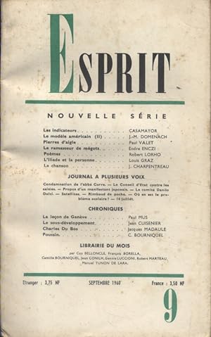 Revue Esprit. 1960, numéro 9. Casamayior, J.-M. Domenach, Paul Valet, Endre Enczi, Louis Graz. Se...