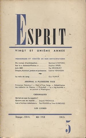 Revue Esprit. 1953, numéro 5 : Mensonges et vérités de nos anticipations. Articles sur l'anticipa...