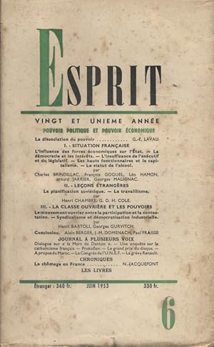 Revue Esprit. 1953, numéro 6. Pouvoir politique et pouvoir économique. Juin 1953.