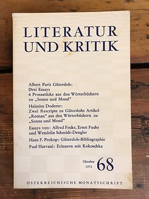 Image du vendeur pour Literatur und Kritik Heft 68 (Oktober 1972) - sterreichische Monatsschrift - Inhalt: Albert Paris Gtersloh: Drei essays 6 Prosastcke aus den Wrterbchern zu "Sonne und Mond"; Heimito von Doderer: Zwei Reskripte zu Gterslohs Artikel "Roman" aus den Wrterbchern zu "Sonne und Mond"; Essays von: Alfred Focke, Ernst Fuchs und wendelin Schmidt-Dengler; Hans F. Prokp: Gtersloh-Bibliographie; Paul hatvani: Erinnern mit Kokoschka mis en vente par Antiquariat Liber Antiqua