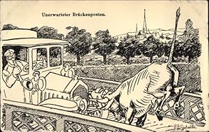 Künstler Ansichtskarte / Postkarte Unerwarteter Brückenposten, Stier rammt Automobil, I WK