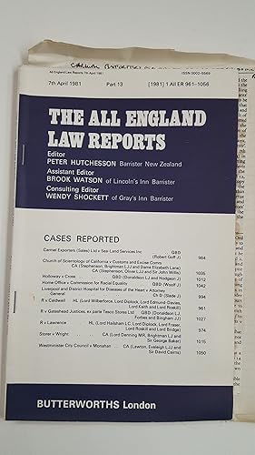 Immagine del venditore per The All England Law Reports 7th April 1981 Part 13. venduto da Cambridge Rare Books