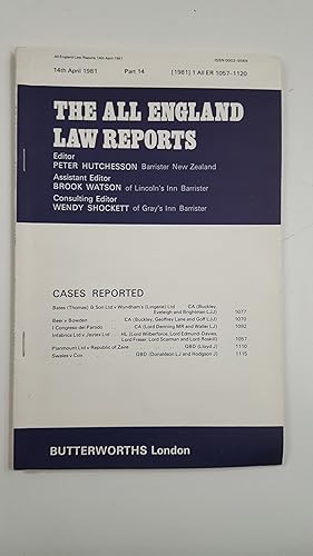 Immagine del venditore per The All England Law Reports 14th April 1981 Part 14. venduto da Cambridge Rare Books