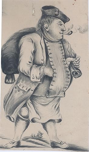 Seaman in petticoat breeches and slops, smoking a pipe, carrying a carpetbag