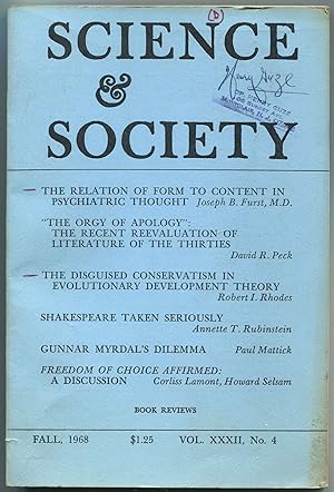 Bild des Verkufers fr Science & Society: Volume XXXII, Number 4, Fall 1968 zum Verkauf von Between the Covers-Rare Books, Inc. ABAA