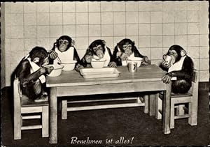 Ansichtskarte / Postkarte Benehmen ist alles, vermenschlichte Schimpansen essen am Tisch