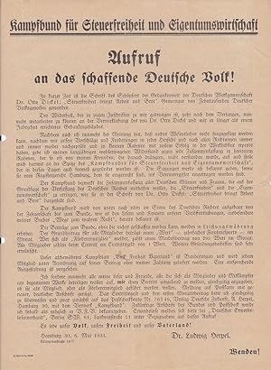 Imagen del vendedor de Aufruf an das schaffende Deutsche Volk! (Original-Flugblatt zur Grndung des 'Kampfbunds' als eingetragener Verein im Jahr 1931). a la venta por Antiquariat Schwarz & Grmling GbR