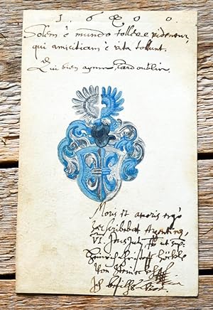 Bild des Verkufers fr Stammbuchblatt mit Malerei und Handschrift. Wappen umgeben von Motto und Zueignung. zum Verkauf von Antiquariat Thomas Rezek