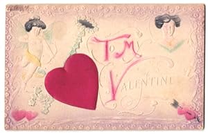 Bild des Verkufers fr Stoff-Prge-Ansichtskarte Valentinsgrsse, Amor und ein grosses Herz zum Verkauf von Bartko-Reher