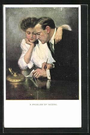 Bild des Verkufers fr Knstler-Ansichtskarte Clarence F. Underwood: a problem of income, Mann und Frau unterzeichnen einen Brief zum Verkauf von Bartko-Reher
