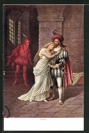 Ansichtskarte Szene aus Goethes Faust, Faust mit Gretchen und Mephisto